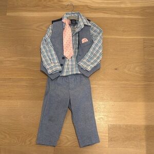 Nautica Blue Plaid Shirt and Light Blue Vest & Pants Set with Pink Tie